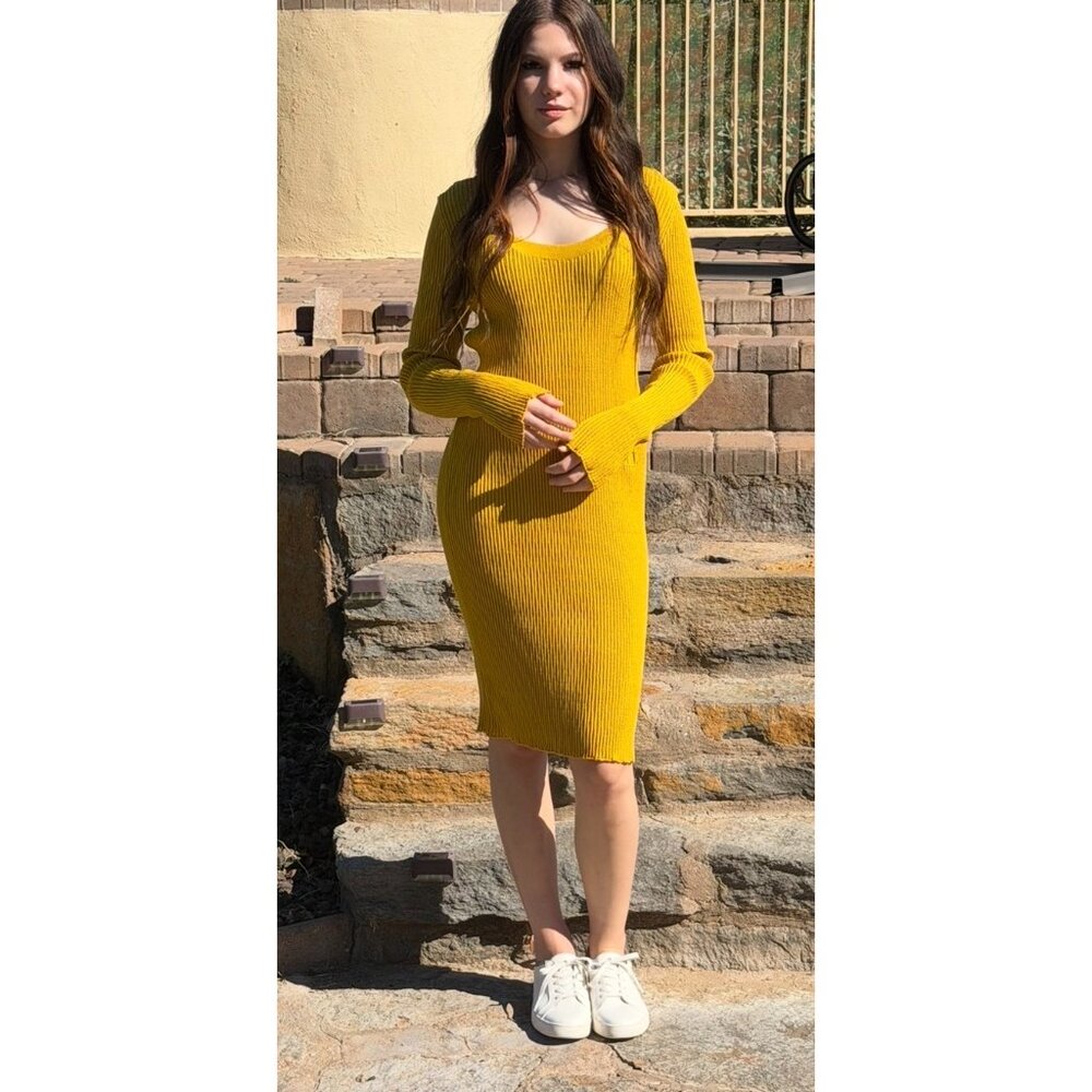 Burberry Prorsum Mustard Rib-Knit Midi Dress Lettuce-Edge Sleeves Size Large